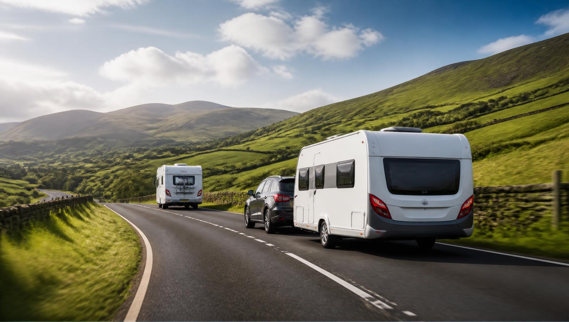 Touring caravan and motorhome travelling on a scenic UK road