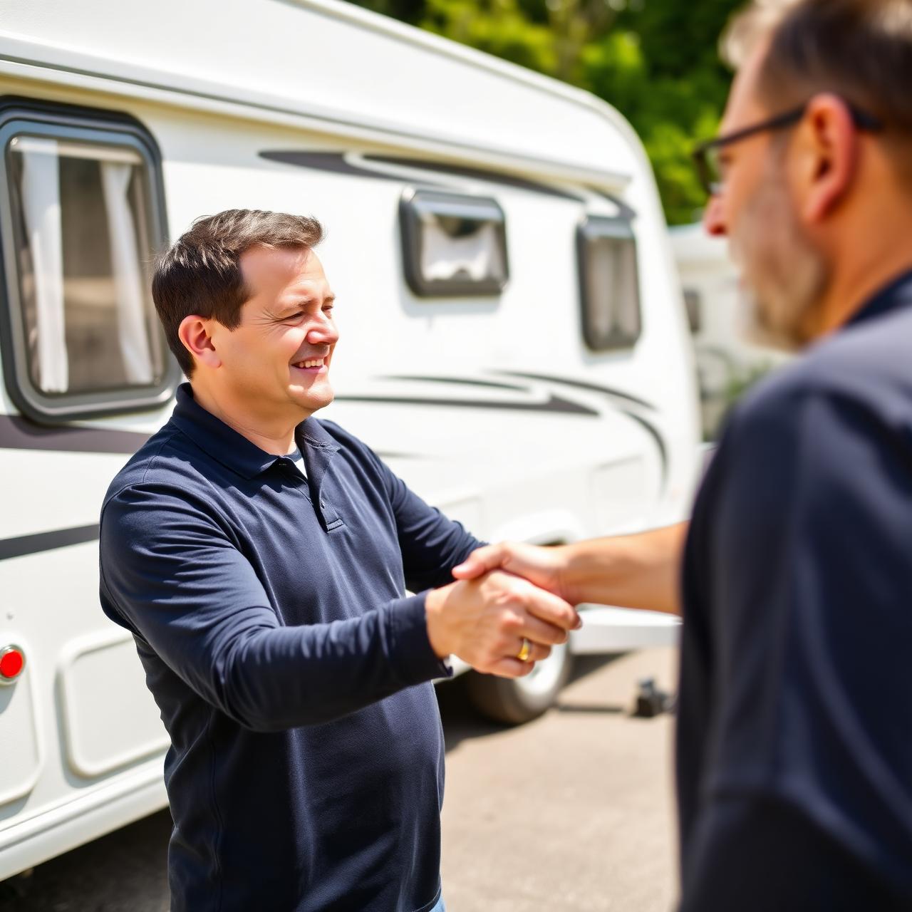 Instant Caravan Sale team member shaking hands with a caravan owner